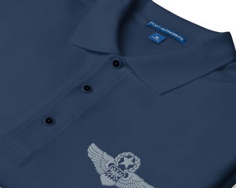 Polo premium da uomo ricamata con stemma dell'aeronautica militare degli Stati Uniti / scudo dell'equipaggio, USAF Master Navigator Wings