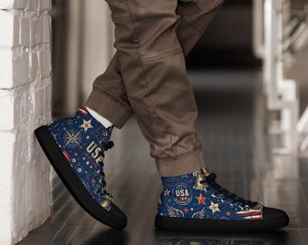 USA Celebration Pattern | Patriotic Americana | American Eagle Stars & Stripes | USA Heritage Men’s high top canvas shoes