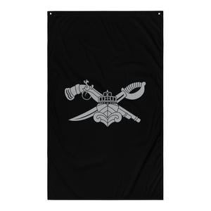 May include: A black flag with a silver design of a ship, a sword, and a pistol. The ship is in the center of the design, with the sword and pistol crossing behind it.