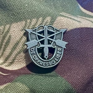 May include: A silver-colored metal pin featuring a design with a dagger, arrows, and the words "DE OPPRESSO LIBER". The pin is set against a camouflage background.