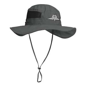 May include: A gray bucket hat with a black mesh panel and a white embroidered design on the front. The hat has a black drawstring.