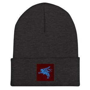 May include: A dark gray beanie with a red patch featuring a blue embroidered image of a winged horse.
