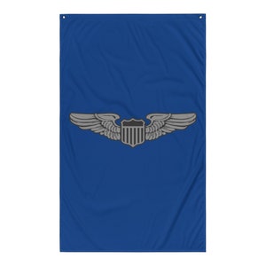 May include: A blue fabric banner with a silver pilot wings patch. The wings have a shield in the center with a stylized American flag.