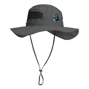 May include: A charcoal gray sun hat with a wide brim and a black mesh vent. The hat features a small patch with a graphic of a figure on a motorcycle and the text "Ghost Rider". It has an adjustable chin strap.