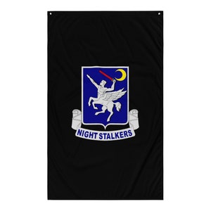 May include: A black flag with a blue shield featuring a silver winged horse and rider holding a red sword. The shield is surrounded by two scrolls with the text "NIGHT STALKERS".