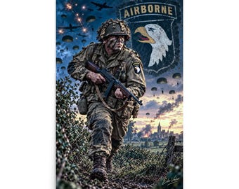 WWII Airborne Paratrooper Wall Art | Normandy D-Day Military Poster | Thompson Soldier Art | Vintage Combat Decor | Echo Valor Poster