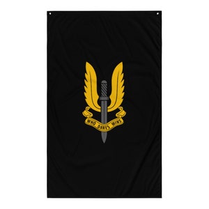 May include: Black flag with a yellow winged dagger and the text "Who Dares Wins".