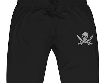 Logo pirata Jolly Roger – wzór czaszki i skrzyżowanych mieczy – haftowane, unisexowe spodnie dresowe z polaru inspirowane historyczną flagą piracką