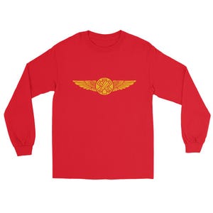 May include: A long-sleeve red shirt featuring a gold emblem with wings and a medical symbol. The emblem is centered on the chest. The shirt is made of a soft material and is suitable for casual wear.