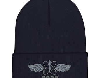 US Navy Aircrewman Rating Emblem – Naval Aircrew Wings Tribute Design Embroidered Cuffed Beanie