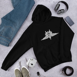 May include: Black hooded sweatshirt with a white graphic of a stylized winged symbol. The symbol is made up of geometric shapes and resembles a futuristic aircraft.