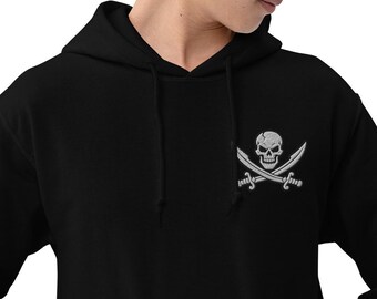 Emblemat pirata Jolly Roger – wzór czaszki i skrzyżowanych mieczy – haftowana bluza z kapturem unisex inspirowana historyczną flagą piracką