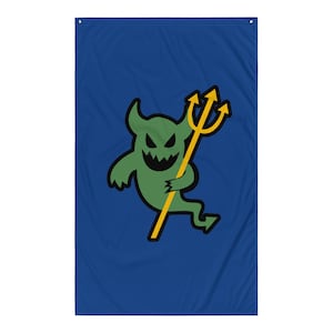 May include: A blue flag with a green cartoon devil holding a gold trident. The devil has a jagged mouth, horns, and a black outline. The trident is yellow with a black outline. The flag is rectangular and has a grommet at the top.