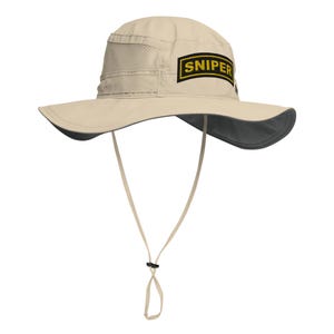 May include: A beige bucket hat with a black "SNIPER" patch on the front. The hat has a gray underside and a brown adjustable chin strap.