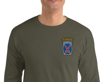 Koszula męska z długim rękawem, haftowana, z emblematem wojskowym 10. Dywizji Górskiej Ranger Tab Tribute Emblem