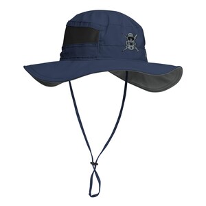 May include: Navy blue sun hat with a wide brim and a black mesh panel. The hat features a gray skull and crossbones design on the side and an adjustable chin strap. The brim is lined with gray fabric.