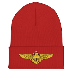 Naval Aviator Aviation Wings – US Navy Pilot Badge | Military Flight Emblem Embroidered Cuffed Beanie