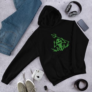 May include: Black hooded sweatshirt with a green skeleton frog holding a trident graphic print.