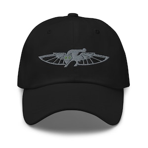 May include: A black baseball cap with an embroidered gray cat wearing wings. The cat has green eyes.
