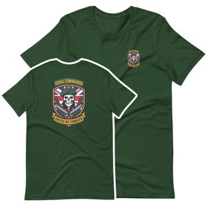 May include: Two dark green t-shirts. One shirt displays a crest with a skull, knives, and the text "ROYAL COMMANDO" and "UNITED WE CONQUER". The other shirt has a smaller crest on the chest. The design features a skull wearing a beret.