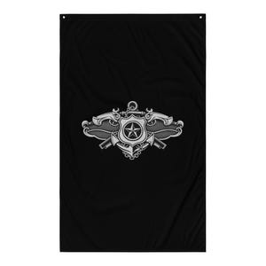 May include: Black flag featuring a silver emblem with a star, anchor, and crossed tools design. The emblem is centered on the flag, which is rectangular and hangs vertically.