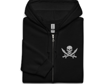 Emblemat pirata Jolly Roger – wzór czaszki i skrzyżowanych mieczy – inspirowana historyczną flagą piracką, unisexowa, haftowana bluza z kapturem zapinana na zamek, wykonana z grubej mieszanki