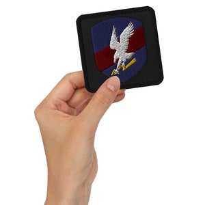 Op de afbeelding: Een zwarte geborduurde patch met een witte adelaar op een blauw schild met een rode streep en een gele bliksem. De patch wordt in een hand gehouden.