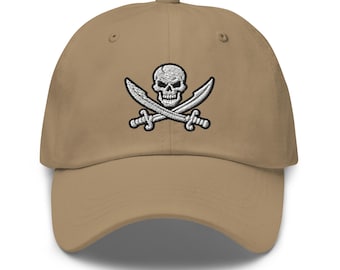 Jolly Roger Pirate Emblem – Skull and Crossed Swords Design – Historic Pirate Flag Inspired  Embroidered Dad hat