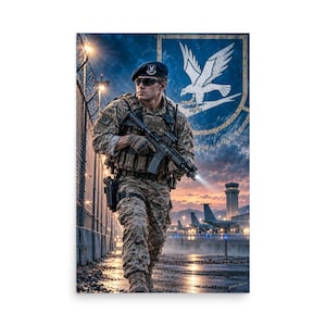 May include: A security forces member in camouflage uniform, tactical vest, and beret, holding a rifle. The background features a chain-link fence, a blue emblem with a white eagle, an airport runway, aircraft, and a control tower at sunset.