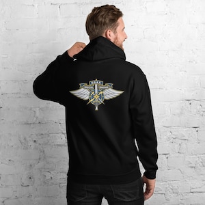 May include: Black hooded sweatshirt with a U.S.A.F. Special Warfare emblem on the back. The emblem features wings, a sword, and the text "U.S.A.F. Special Warfare" in blue and gold.