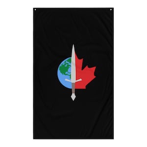 May include: A black flag featuring a red maple leaf and a silver sword piercing a blue globe. The globe is green and blue and has a white outline.