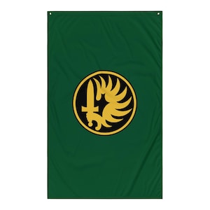 May include: A rectangular dark green flag featuring a centered circular emblem. The emblem consists of a black circle with a thick yellow border, containing a yellow graphic of a hand holding a vertical sword surrounded by stylized wings.
