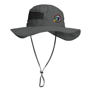 May include: A gray sun hat with a wide brim and a black mesh vent. The hat features a colorful embroidered patch with a dragon design. It has an adjustable chin strap for a secure fit.