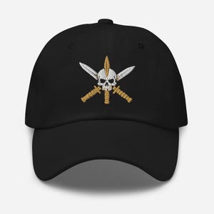 May include: Black baseball cap featuring an embroidered design of a skull with crossed swords and a gold-colored feather. The cap has a curved brim and an adjustable strap at the back.