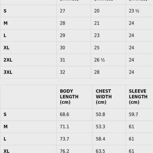 May include: Size guide chart with measurements for clothing. Includes body length, chest width, and sleeve length in inches and centimeters. Sizes range from S to 3XL, with corresponding measurements for each size.