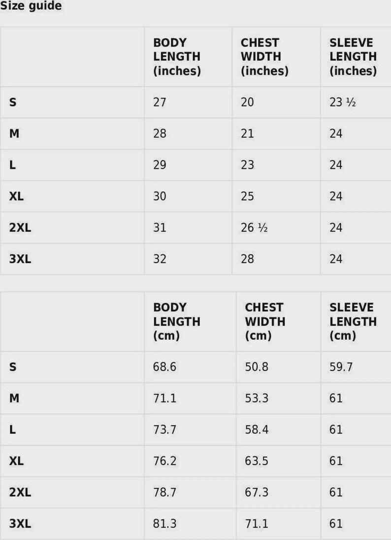 May include: Size guide chart with measurements for clothing. Includes body length, chest width, and sleeve length in inches and centimeters. Sizes range from S to 3XL, with corresponding measurements for each size.