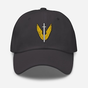 May include: A dark grey baseball cap with an embroidered design of a silver sword between two gold wings. The cap has a curved peak and a fabric strap closure at the back.