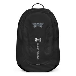 May include: Black backpack with the Under Armour logo and text. The backpack has a top handle, side mesh pockets, and a front pocket. The Under Armour logo is in silver. The text "Under Armour" is printed vertically on the front.