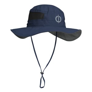May include: Navy blue sun hat with a wide brim and a chin strap. The hat features a dark gray underside on the brim and a small, silver emblem on the side. A black mesh panel is on the side of the hat for ventilation.