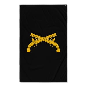 Puede incluir: Bandera negra con un diseño dorado de dos pistolas cruzadas. Las pistolas están detalladas. La bandera rectangular tiene ojales para colgar.