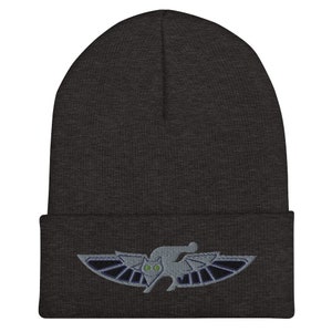 May include: A dark gray beanie with a gray embroidered design of a winged creature with green eyes. The creature has a stylized, almost futuristic look.