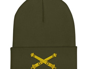 US Army Field Artillery Emblem | Crossed Cannons Military Insignia Embroidered Cuffed Beanie