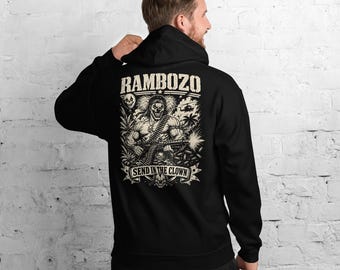 Rambozo Evil Clown Commando Design | Send in the Clown Military Satire | Machine Gun Action Parody Unisex Hoodie