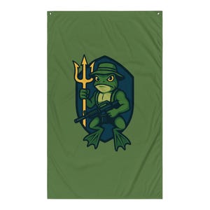 May include: Green flag with a cartoon frog character wearing a hat, holding a trident and a rifle. The frog is set against a blue shield, with a gold trident. The background is a solid green colour.