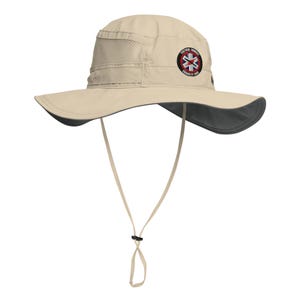 May include: A beige sun hat with a wide brim and a dark gray underside. The hat features a mesh panel on the side and a small patch with text and a logo. It has an adjustable chin strap.