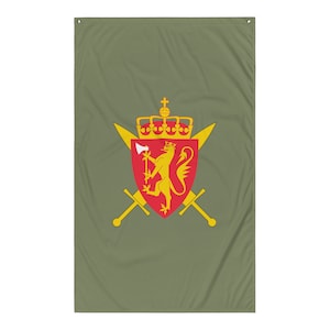 May include: A green military flag with a gold lion and crown on a red shield. Two crossed swords are behind the shield.