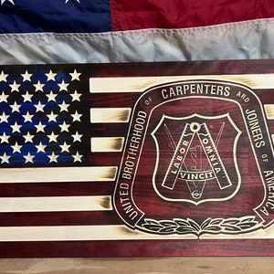 Rustic Wooden American Flag with Carpenters Emblem - Blue Collar Gift