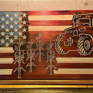 Rustic Farmers Tractor American Flag custom made 100% made in America fast shipping corn, Sugar Cane, Wheat, Orange tree options