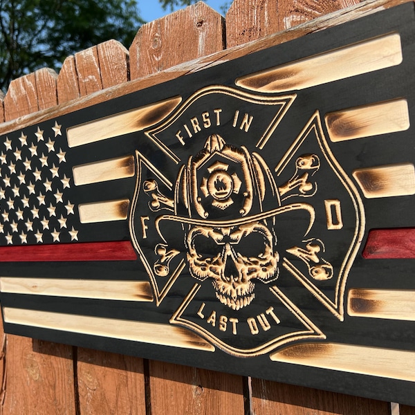 Wood Engraved Wooden Firefighter Tribute Flag: Skull Emblem, First In Last Out - Custom Text Available Firefighter tribute flag gift