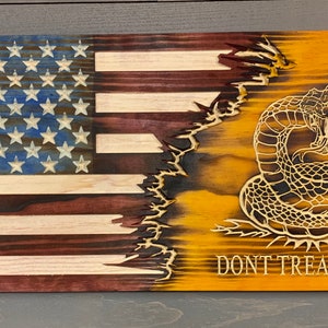 Rustic Burnt Wood American Gadsden Flag: Don&#39;t Tread on Me